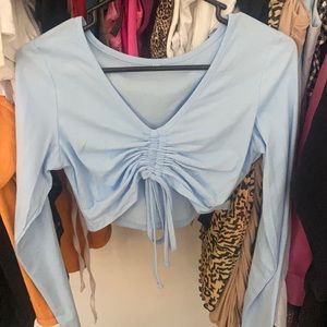 blue ruched long sleeve top